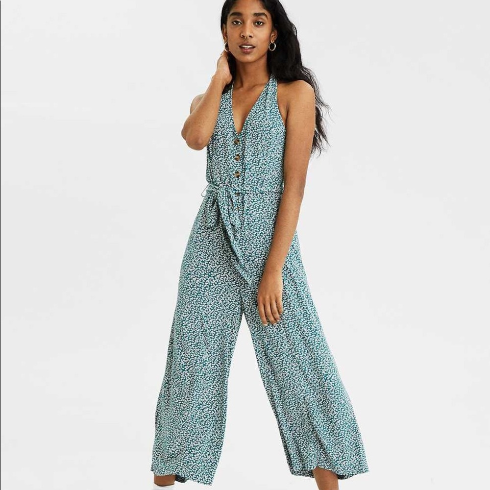 American Eagle Green Ditsy Floral Jumpsuit Size Large